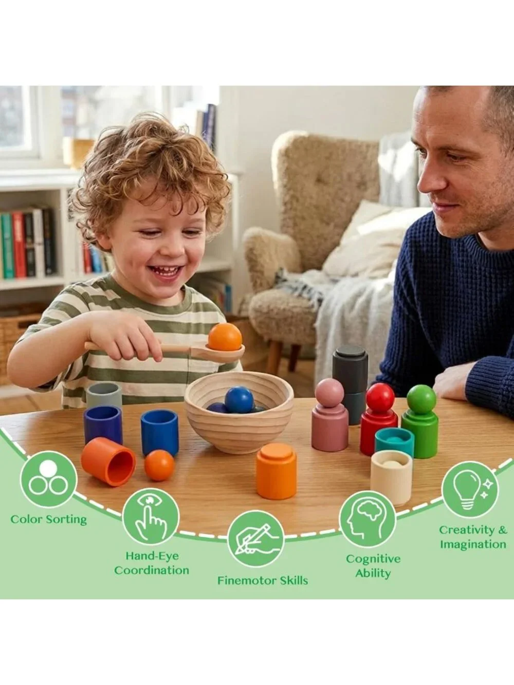 Colorful Rainbow Balls in Cups | Montessori Toddler Learning Toy for 3+ Kids